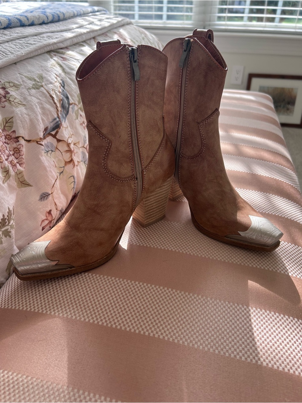 Lulu's Brown Suede Western Ankle Boots with Silver Toe Caps